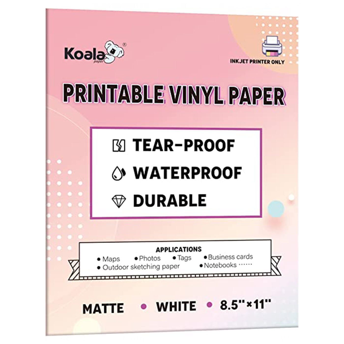 Koala Vinyl Sticker Paper Matte Printable Label 8.5x11 Inches Full Sheet for Inkjet Printer 20 Sheets, White