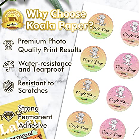 Koala Matte White Waterproof Printable Circle Labels for Inkjet and Laser Printer, 2 Inches 60 rounds