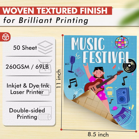 Koala Woven Textured Thick Double Sided Photo Paper For Inkjet & Laser Printer 8.5x11  inches 50 Sheets 69lb 260gsm