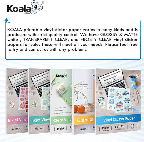 Koala Frosty Clear Printable Vinyl Sticker Paper for Inkjet Printer 20 Sheets