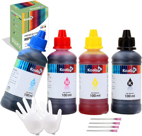 Koala Compatible Refill Dye-Based Ink Bottles with HP, Canon, Epson, Lexmark 4x100 ML(CMYB)