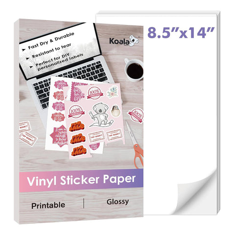 Koala Glossy Vinyl Sticker Paper for Inkjet Printers, 8.5x14 Inch 20 Sheets