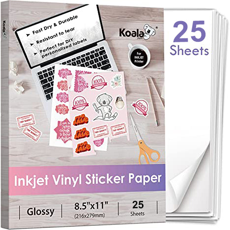 Koala Waterproof Glossy Vinyl Sticker Paper for Inkjet Printer 8.5x11 Inches ( Without backmarks )