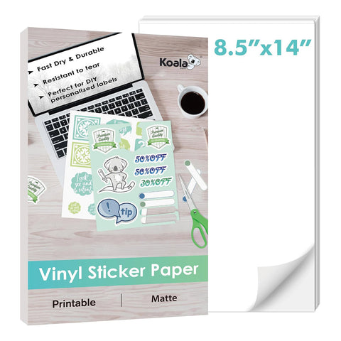 Koala Matte Vinyl Sticker Paper for Inkjet Printer, 8.5x14 inch 20 Sheets