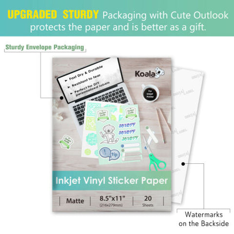 Koala Waterproof Matte Vinyl Sticker Paper Full Sheet for Inkjet Printer 8.5x11 Inches